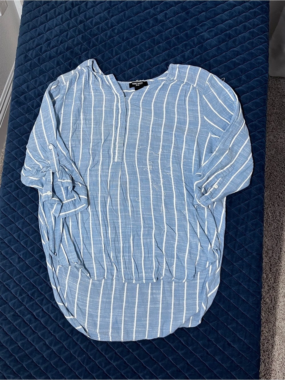 Nine West Light Blue & White Striped Button Up Shirt - Hidden Buttons - Size XXL